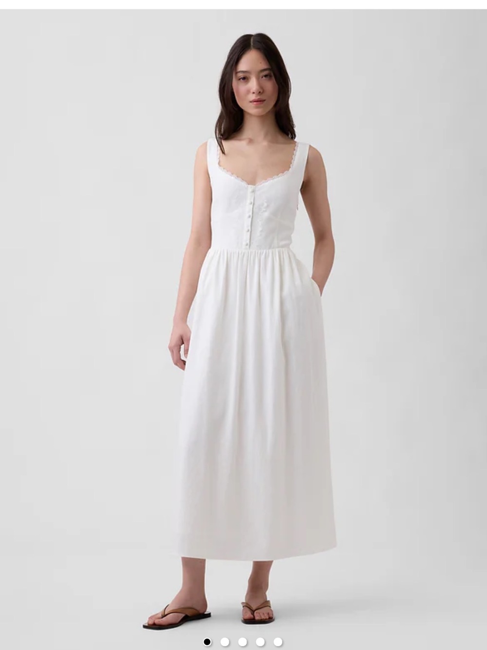 White Sleeveless Maxi Dress with Button-Front and Lace Trim Women’s M Gap